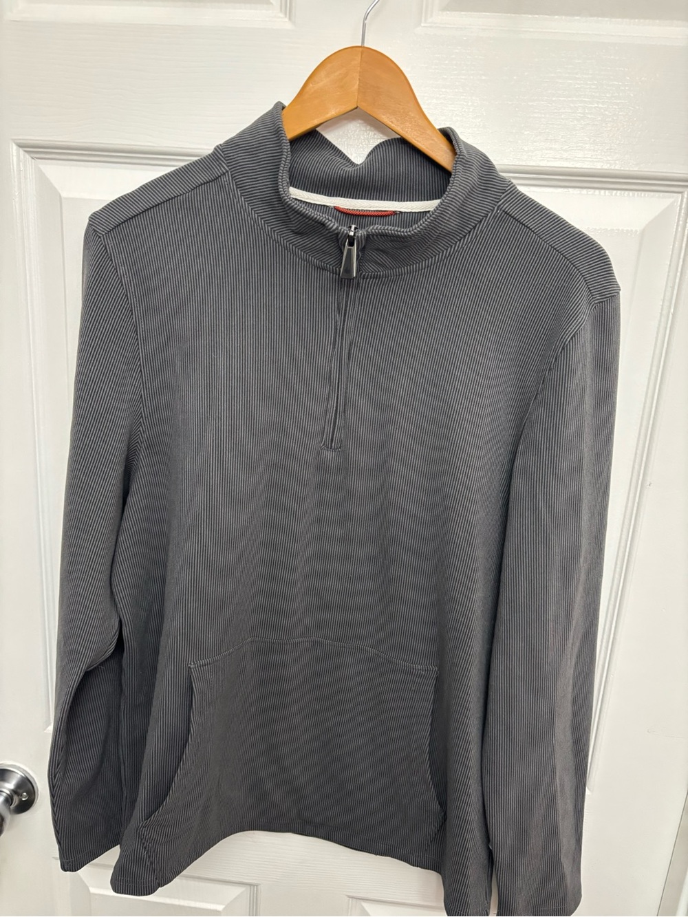 RAINFOREST Men's Striped Charcoal Gray 1/4 Zip-Neck Pullover w/Kangaroo Pocket